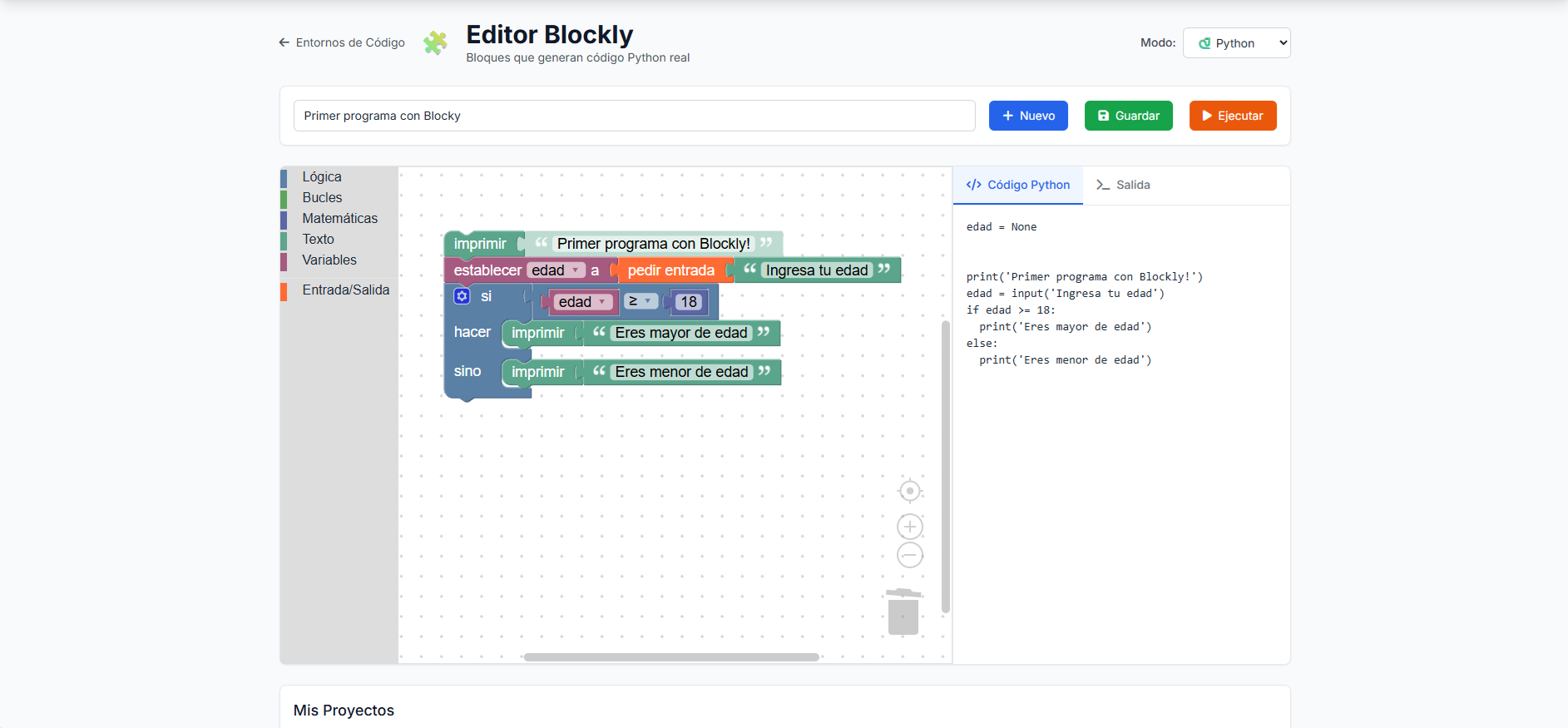 Editor Blockly — el estudiante resuelve un ejercicio
